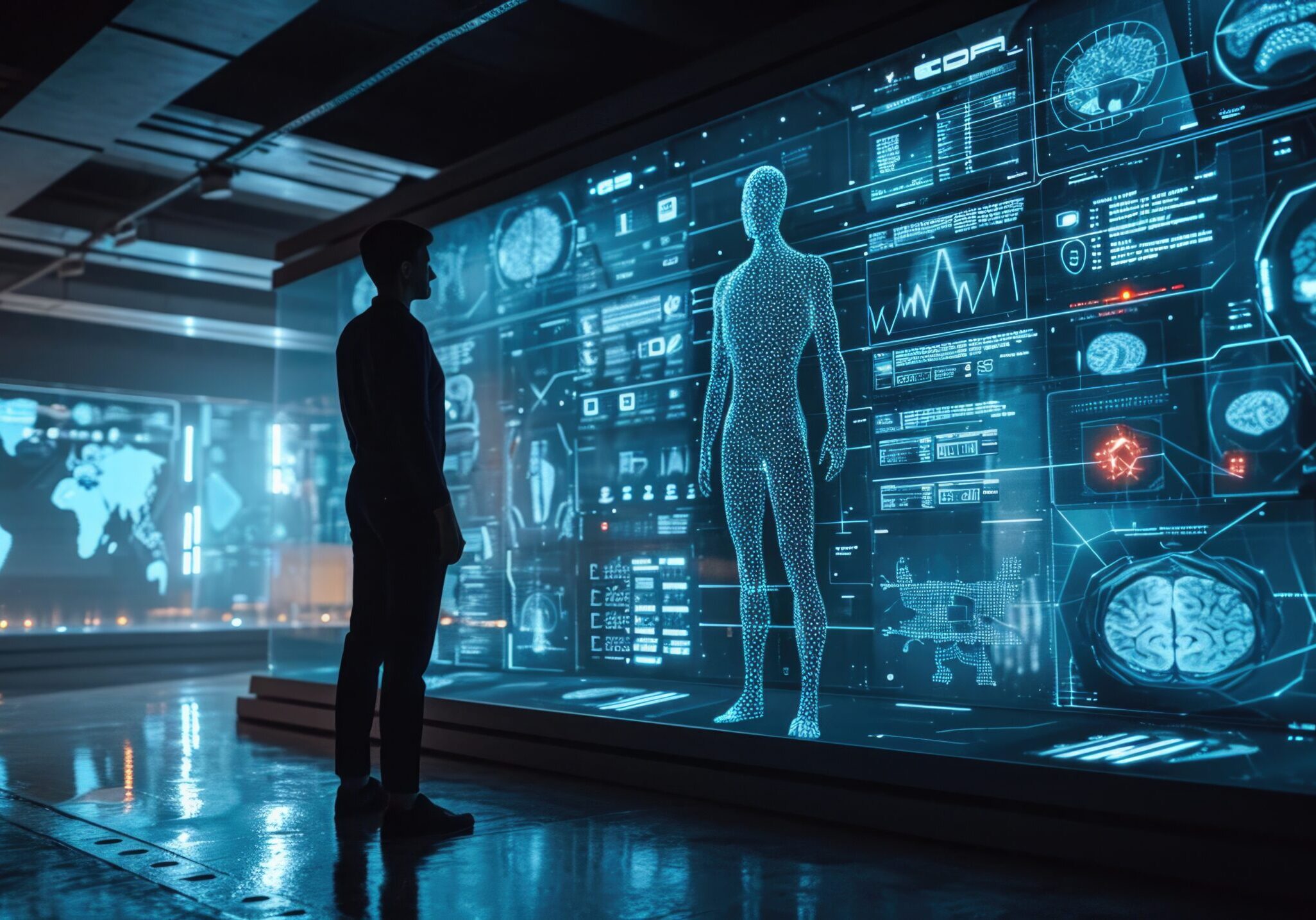 A person standing next to their digital twin, displayed on a large, transparent futuristic screen, with health stats and treatment recommendations visible around the digital figure.