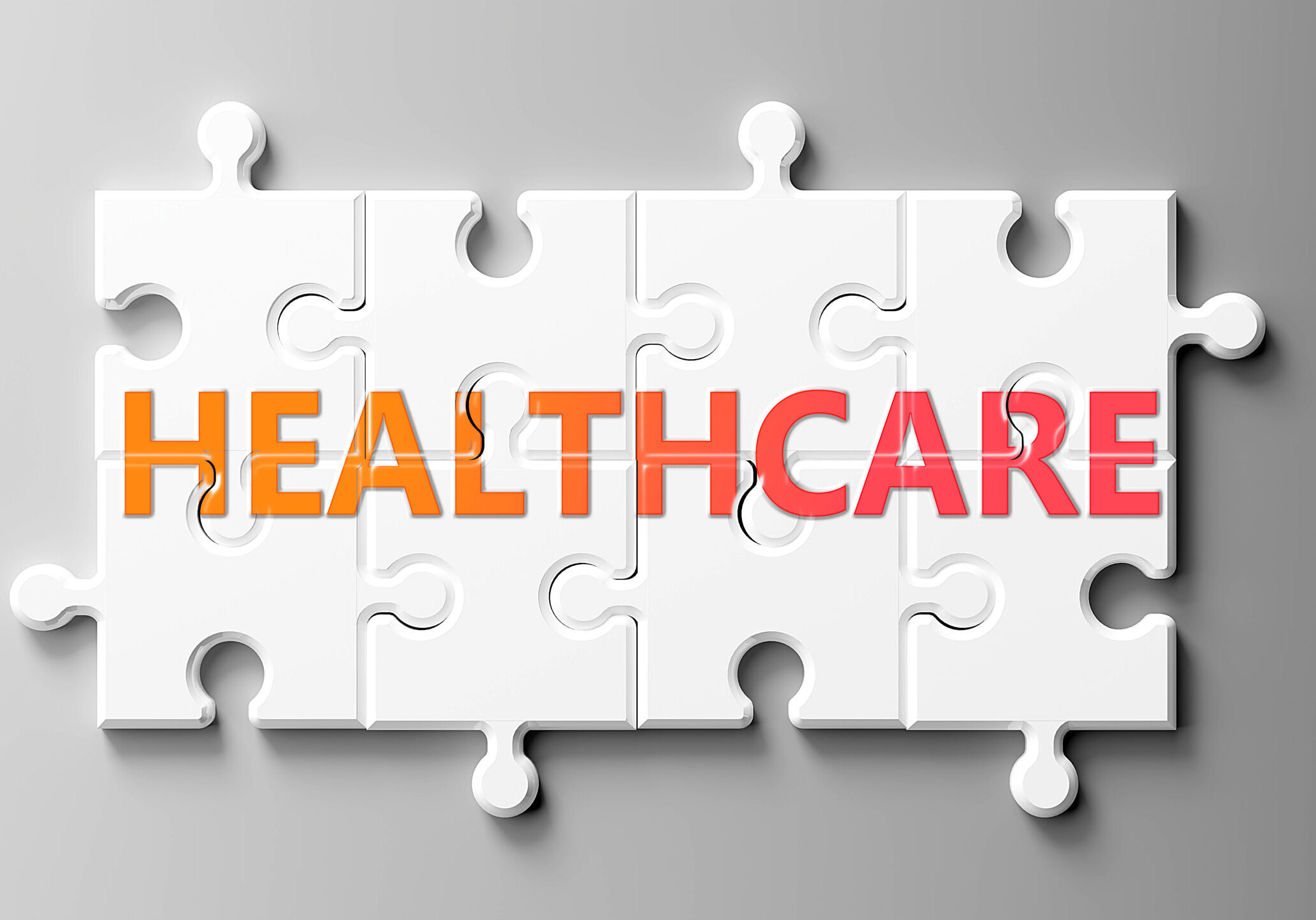 Healthcare complex like a puzzle - pictured as word Healthcare on a puzzle pieces to show that Healthcare can be difficult and needs cooperating pieces that fit together, 3d illustration