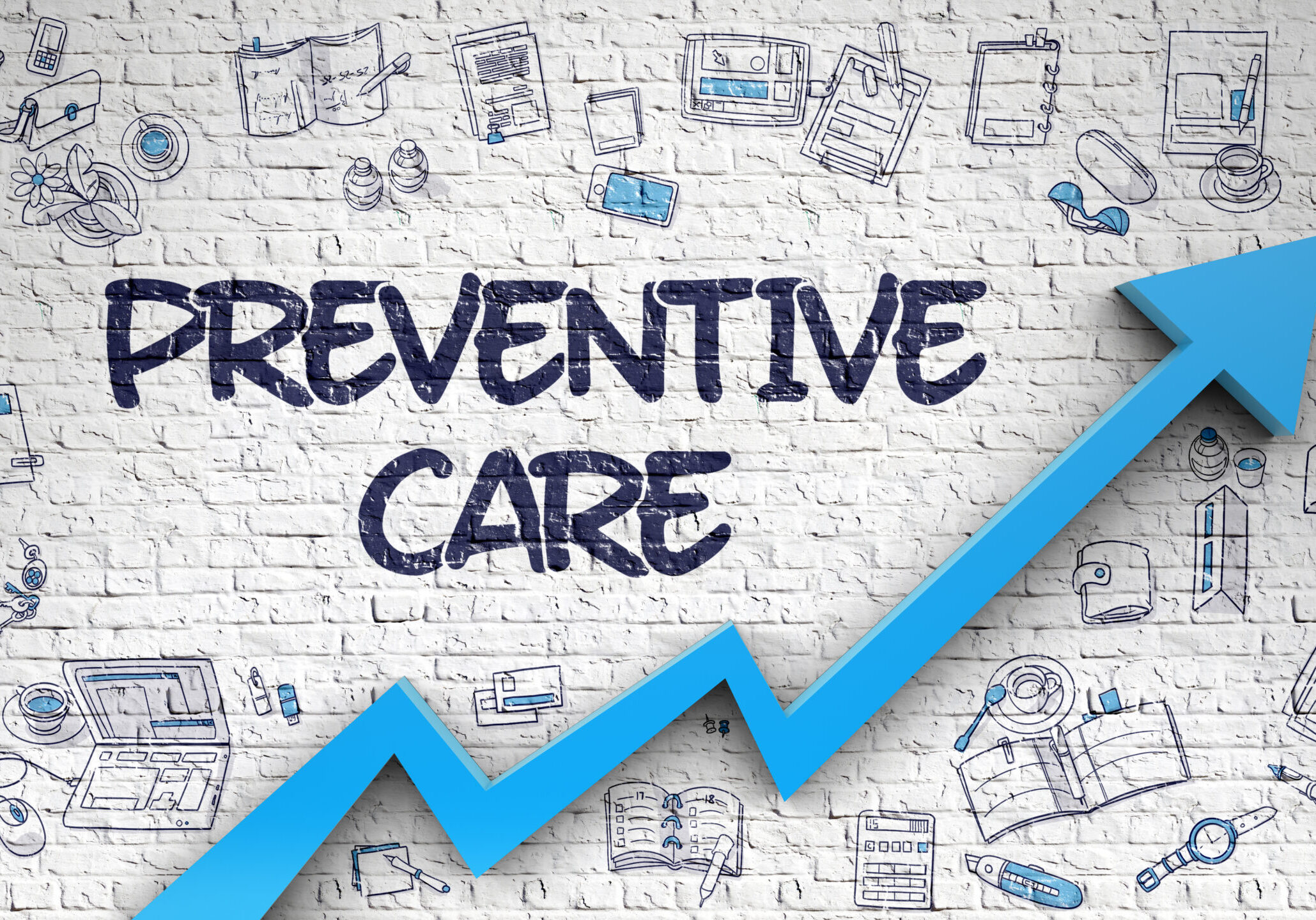 Preventive Care Drawn on White Brick Wall. Illustration with Hand Drawn Icons. Preventive Care Inscription on Modern Line Style Illustation. with Blue Arrow and Doodle Design Icons Around. 3d.